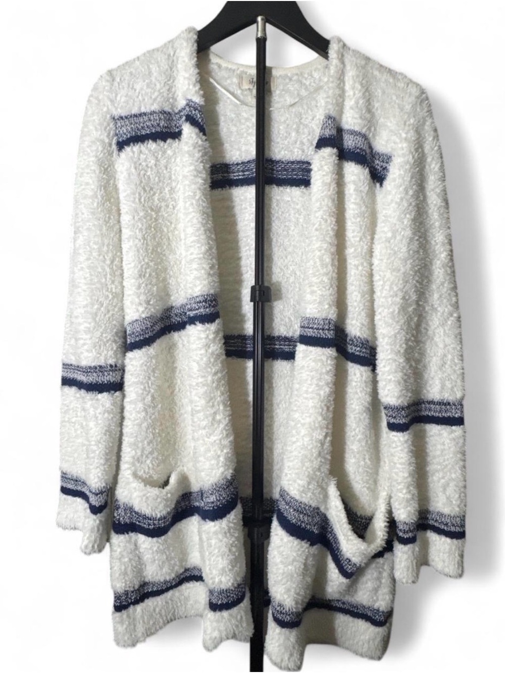Style & Co. Cream Open Cardigan with Navy Stripes